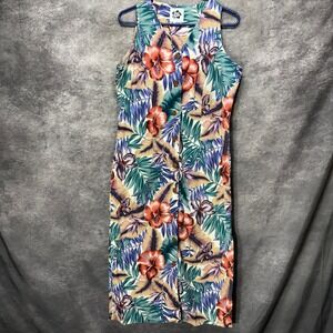 HILO HATTIE Hawaiian Floral Midi Dress Size L Hibiscus Button Front Sleeveless